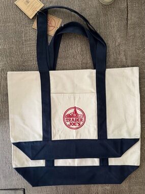 Trader Joe's Tote Bag Viral Large Cream and Navy Blue